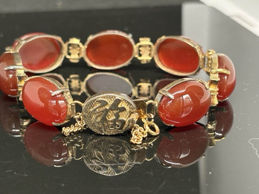 Vintage Chinese Export Sterling Silver Filigree Clasp Fu Carnelian Link Bracelet